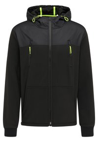 Czarna bluza z kapturem na zamek błyskawiczny, z neonowożółtymi uchwytami zamka na kieszeniach na piersi oraz regulowanymi sznurkami kaptura, ściągaczami na rękawach i przednimi kieszeniami typu kangur.