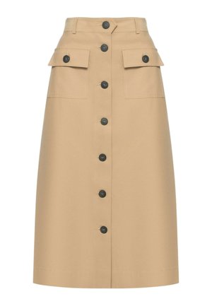 Gonna midi beige con chiusura frontale a bottoni e due ampie tasche a patta con bottoni in vita.