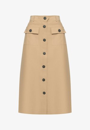 Gonna midi beige con chiusura frontale a bottoni e due ampie tasche a patta con bottoni in vita.