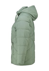 Lichtgroene gewatteerde winterjas met een capuchon, diagonale quiltstructuur, ritszakken aan de zijkant en verstelbare banden op de capuchon.