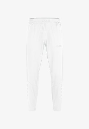 Pantalons de sport blancs en tissu léger avec une coupe ajustée, une taille élastique et des boutons-pression sur le bas des ourlets.
