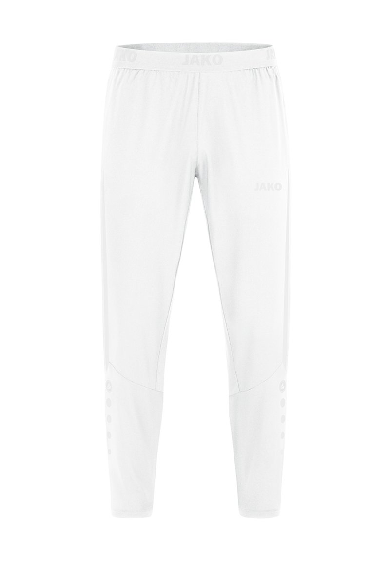 Witte sportbroek gemaakt van lichtgewicht stof, met een nauwsluitend ontwerp, elastische tailleband en drukknoopjes aan de onderzijde van de zoom.
