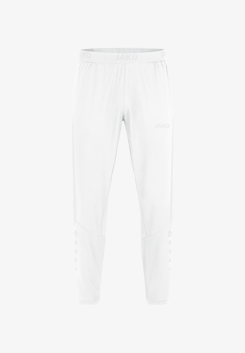 Weiße Sporthose aus leichtem Material mit taillierter Passform, elastischem Bund und Druckknöpfen am unteren Saum.