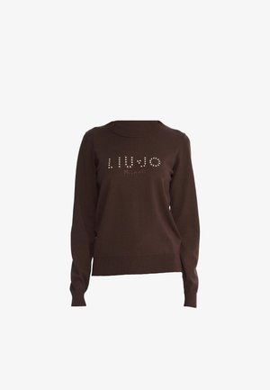 Brązowy sweter z długim rękawem, z okrągłym dekoltem, prążkowanymi mankietami i dołem, ozdobiony kryształowymi aplikacjami z napisem "LIU•JO MILANO."