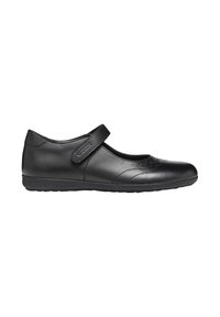 Scarpa Mary Jane in pelle nera con punta arrotondata, cinturino regolabile, cuciture decorative e suola in gomma flessibile per il comfort.