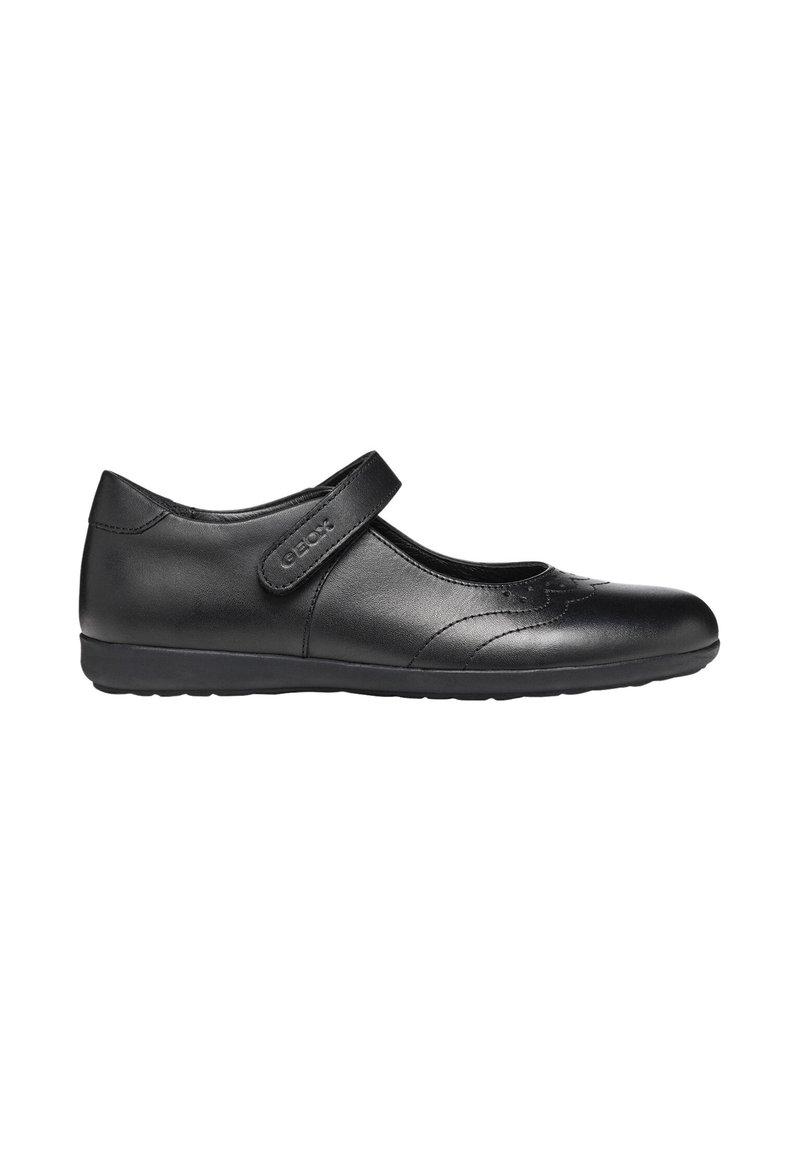 Scarpa Mary Jane in pelle nera con punta arrotondata, cinturino regolabile, cuciture decorative e suola in gomma flessibile per il comfort.