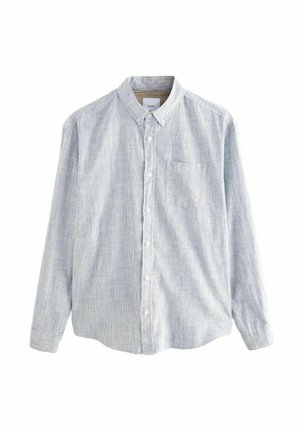 Light blue striped long-sleeve shirt with a button-down collar, front pocket, and button closure. Made of soft cotton fabric, casual fit.