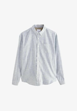 Light blue striped long-sleeve shirt with a button-down collar, front pocket, and button closure. Made of soft cotton fabric, casual fit.