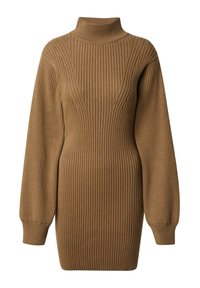 Braunes, geripptes Strickkleid mit Rollkragen, das einen figurbetonten Schnitt und oversized Ärmel bietet, mit vertikalen Streifen und weicher Textur.