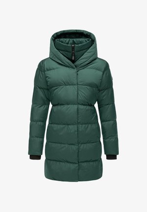 Green puffer jacket with a sleek design, high collar, horizontal quilting, and black cuffs. Features a front zipper and knee-length cut.