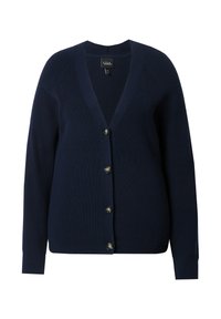 Cardigan en maille bleu marine avec un col en V, des manches longues, et cinq boutons métalliques sur le devant. Tissu côtelé texturé sur l'ensemble.