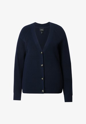 Mørkeblå strikket cardigan med V-udskæring, lange ærmer og fem metallknapper foran. Struktureret ribbet stof over det hele.