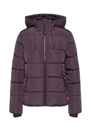 Puffer jacket in dark purple, featuring a hood, front zipper, and side pockets. Made from smooth, quilted fabric with elastic cuffs.