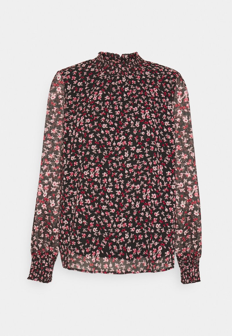 Blusa nera floreale con un collo alto arricciato, maniche lunghe trasparenti e polsini arricciati. Presenta motivi floreali rosa e bianchi distribuiti in modo casuale.