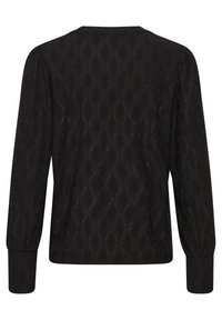 Černý top s dlouhými rukávy, se strukturovaným diamantovým vzorem. Design zahrnuje nařasené detaily na ramenou a manžetách.