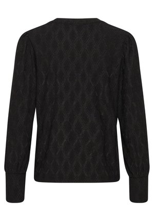 Mustmustööp, millel on pikad varrukad, ja mis sisaldab tekstuuriga teemantmustrit. Disainis on kogutud detailid õlgadel ja mansettidel.