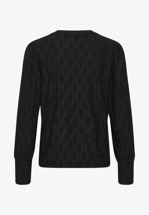 Zwarte top met lange mouwen, voorzien van een gestructureerd diamantpatroon. Het ontwerp omvat gathers aan de schouders en de manchetten.