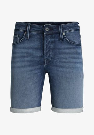 Jeans kratke hlače v temno modri barvi z zbledelim izgledom, z zavihanimi robovi, petimi žepi, gumbom za zapiranje in kontrastnimi šivi.