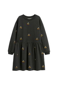 Dunkelgraues langärmliges Kleid mit geraffter Taille, das kleine gestickte gelbe Kirschmuster zeigt, die über den Stoff verteilt sind.