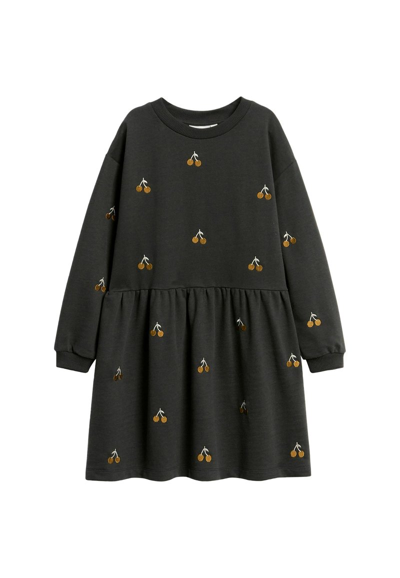 Dunkelgraues langärmliges Kleid mit geraffter Taille, das kleine gestickte gelbe Kirschmuster zeigt, die über den Stoff verteilt sind.
