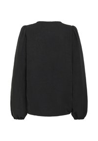 Blouse noire avec de longues manches bouffantes et un tissu texturé. Présente un col rond et des poignets élastiqués. Design simple sans embellissements.