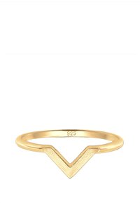 Gouden ring met een V-vormig ontwerp. Gemaakt van 925 sterling zilver, met een gestructureerde accent in het midden en een gladde band.