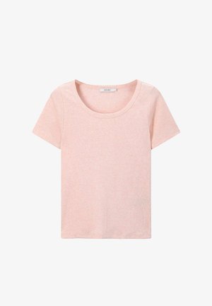 Lichtroze korte mouwen t-shirt van ribstof. Voorzien van een ronde halslijn en een relaxte pasvorm. Zachte textuur en eenvoudig ontwerp.