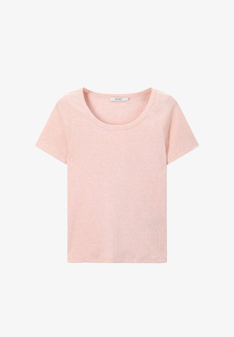 Helles rosa Kurzarmpullover-Shirt aus geripptem Stoff. Verfügt über einen runden Halsausschnitt und einen lockeren Schnitt. Weiche Textur und einfaches Design.