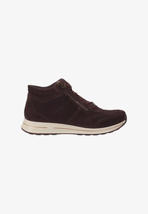 Brown suede ankle shoe with a rounded toe, decorative stitching, side zipper, and a white rubber sole with subtle accents.