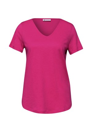 T-shirt rose vif à manches courtes avec col en V et ourlet légèrement arrondi, présenté de face sur un fond blanc uni.