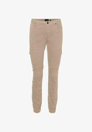 Pantalones cargo beige con puños elásticos, dos bolsillos laterales y una tela suave y duradera. El diseño incluye costuras visibles y una cinturilla clásica.