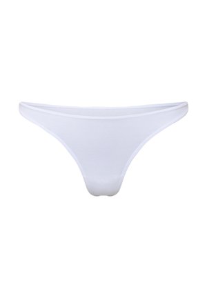 White thong underwear made of soft fabric; features a minimalist design with thin sides and a seamless finish.