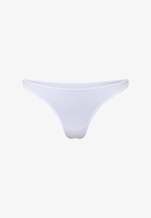 Weiße String-Unterwäsche aus weichem Stoff; zeichnet sich durch ein minimalistisches Design mit dünnen Seiten und nahtlosem Abschluss aus.