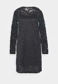 Černé krajkové šaty s dlouhými rukávy, květinovým vzorem, kulatým výstřihem a rovnou siluetou. Průhledná textura s pevným podkladem.