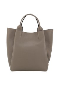 Sac tote en cuir gris avec une finition texturée, doté de deux poignées arrondies et d'une ouverture sur le dessus. Design simple et angulaire, sans matériel supplémentaire.