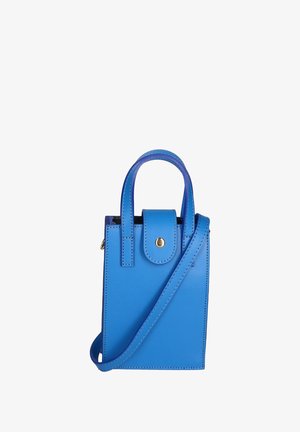 Small blue leather handbag with two top handles, a flap closure with a snap button, and a detachable crossbody strap. Smooth texture.