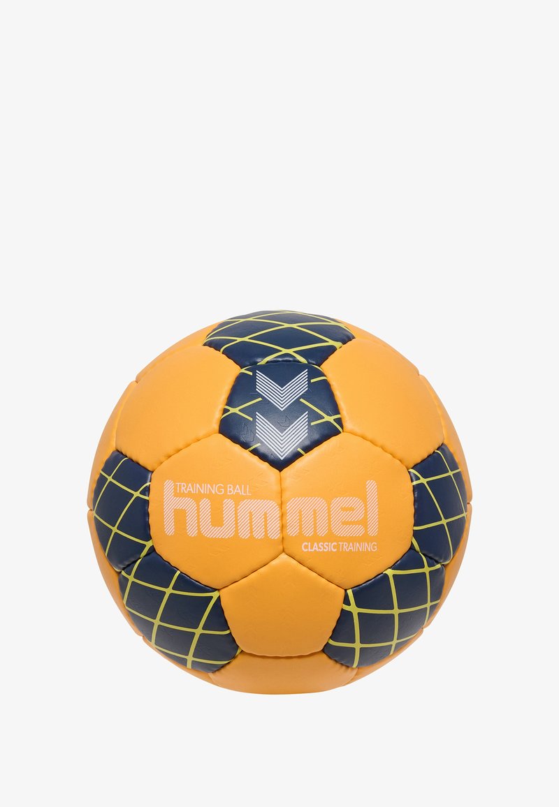 Pallone da allenamento Hummel, forma sferica, design arancione e blu navy con pannelli esagonali, motivo a griglia gialla e dettagli del logo bianco.