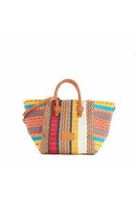 Borsa a rete con strisce multicolori in rosa, giallo e blu, manici in pelle marrone e finitura testurizzata.