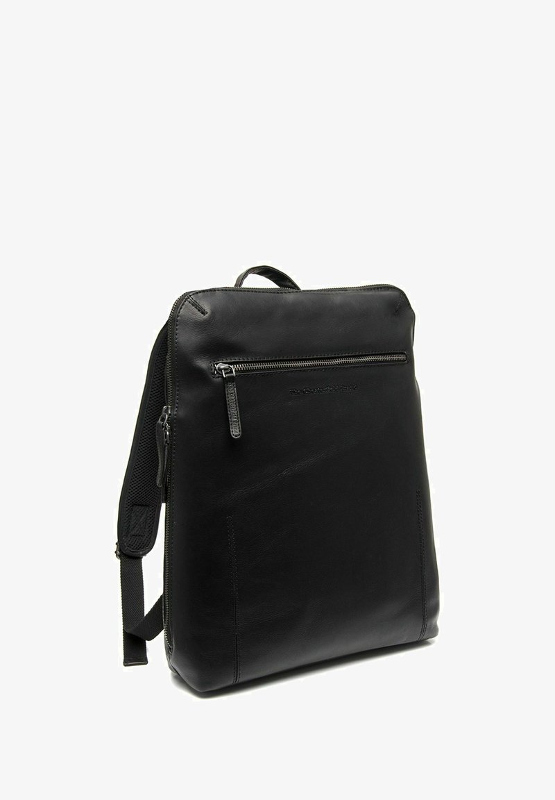 Black leather backpack with a smooth texture, featuring a front zip pocket, top handle, and padded shoulder straps for comfort.