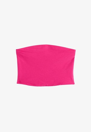 Top fucsia senza spalline realizzato in materiale morbido e elasticizzato. Texture liscia con un taglio ampio e arrotondato nella parte superiore e un design semplice.