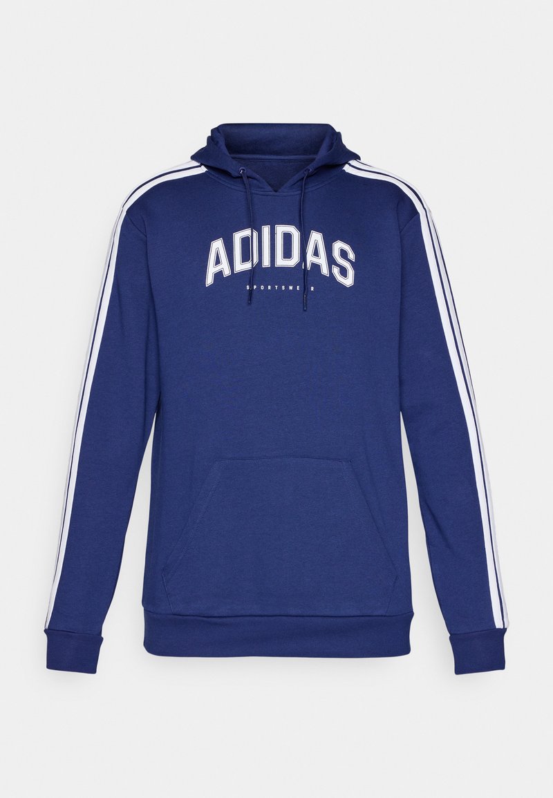 Sudadera de Adidas azul marino con logo y franjas blancas. Presenta una capucha con cordones y un bolsillo frontal. Está hecha de un tejido suave, con puños y dobladillo acanalados.