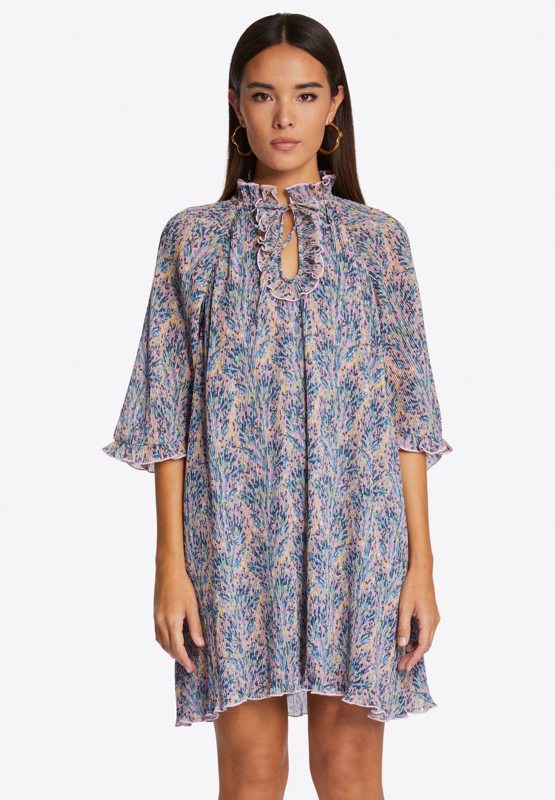 Floral print dress with a keyhole neckline, ruffled collar, and bell sleeves. Colors include lavender, green, and blue on a light background.