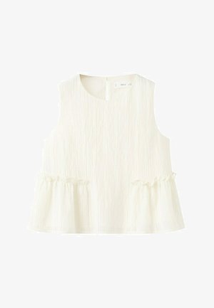 Bluza fără mâneci, de culoare alb-crem, cu textură, guler rotund și tiv peplum cu volane.