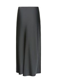 Falda midi de satén negro con una textura suave, diseño recto y una abertura lateral. Presenta una cinturilla discreta y una silueta fluida.