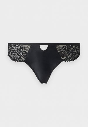 Μαύρα εσώρουχα γυναικών με στερεό ύφασμα στο μπροστινό μέρος και πλευρές από δαντέλα με λουλούδια, με μικρή οπή σχήματος κλειδιού στη μέση.