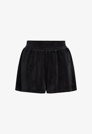 Crne velur kratke hlače s elastičnim pojasom, s mekim materijalom i zlatnim vezom na donjoj lijevoj strani.