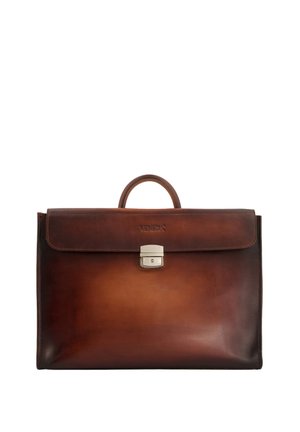 Brown leather briefcase with a smooth finish, rectangular shape, flap closure, and metallic latch. Features a top handle for carrying.
