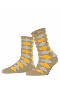 Beige Socken mit einem Rautenmuster in Gelb und Grau. Glatte Textur, Länge bis zur Mitte der Waden und verstärkte Zehenpartie.