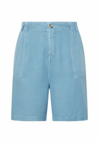 Light blue cotton shorts with a relaxed fit, featuring two front pockets and a single button closure at the waist.