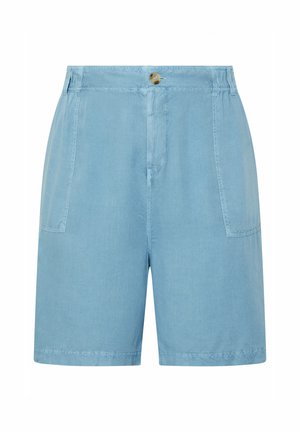 Light blue cotton shorts with a relaxed fit, featuring two front pockets and a single button closure at the waist.